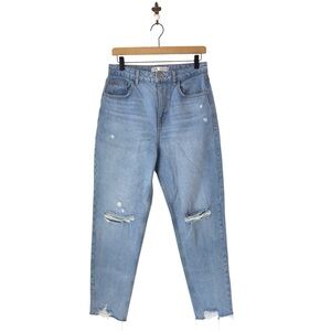 Zara Distressed‎ High Waisted Mom Jeans Size 6 Light Wash Raw Hem